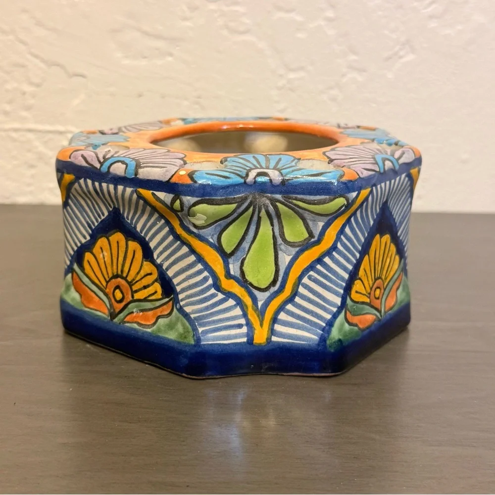 Vintage Talavera Mexican Pottery Toothbrush Holder Octagon Hand Painted Mexico